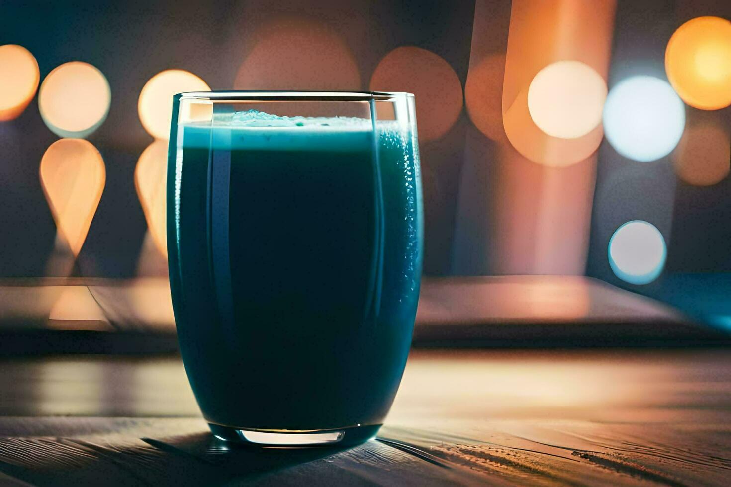 a glass of blue liquid sitting on a table. AI-Generated photo
