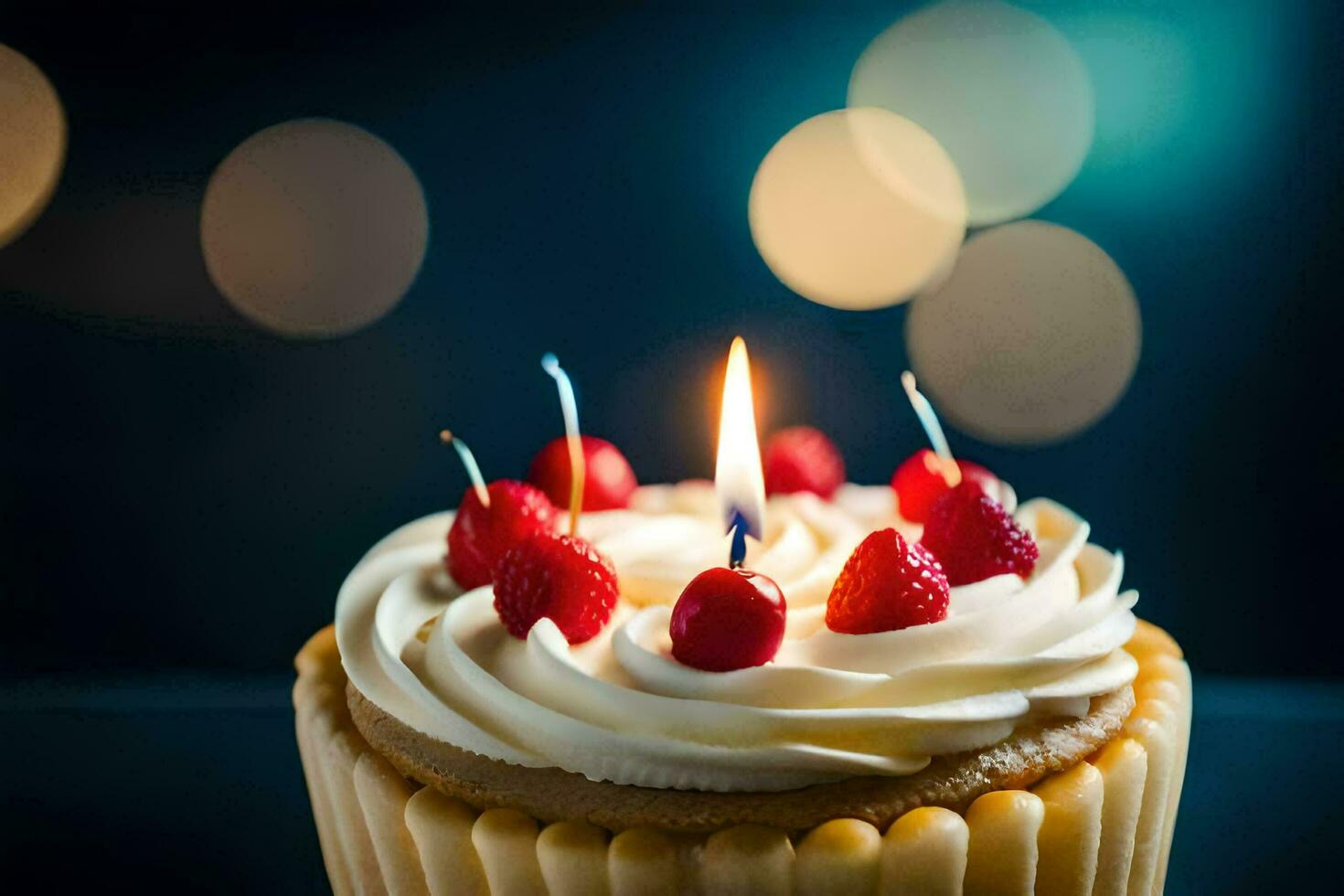 a cupcake with a single candle on top. AI-Generated photo