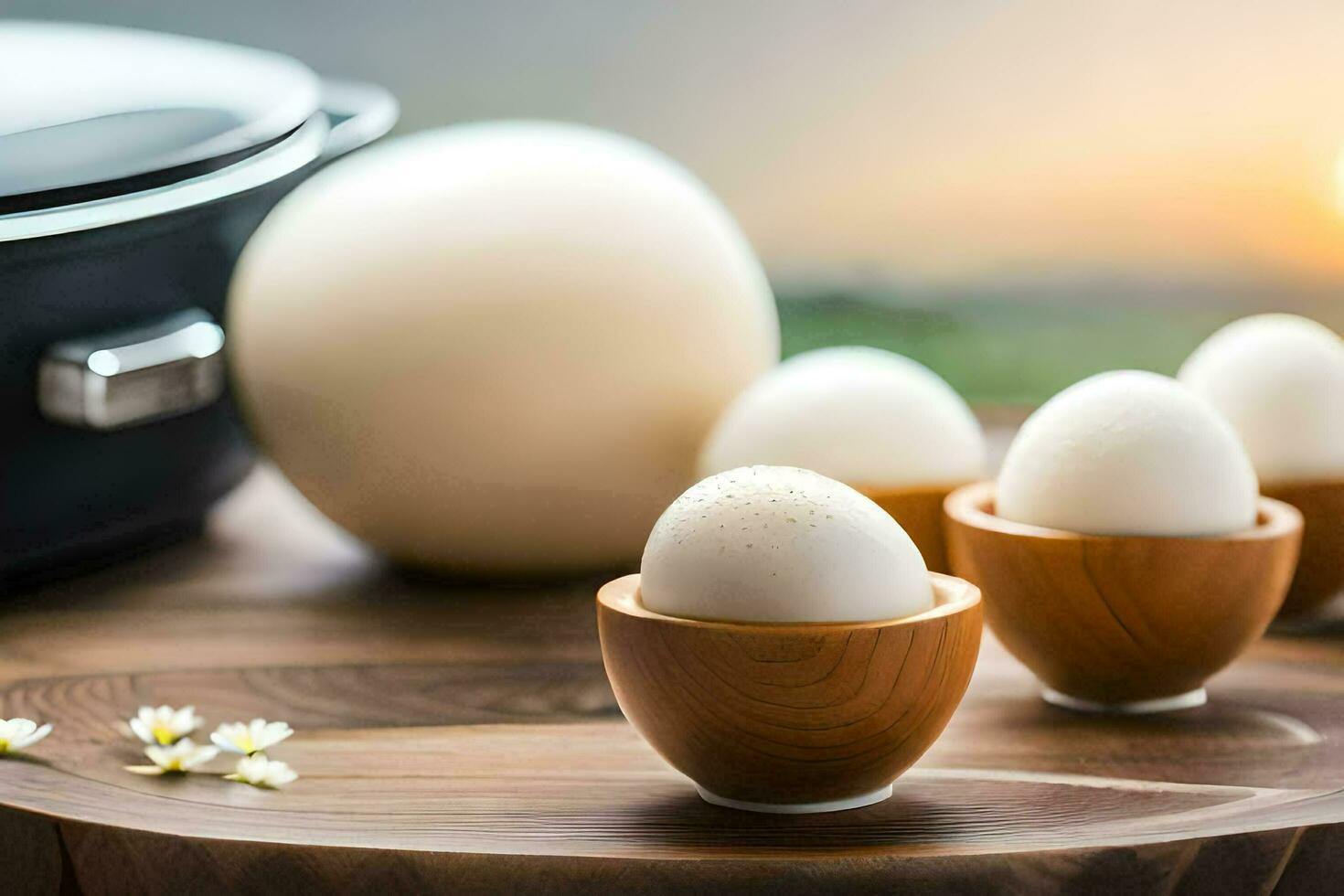 eggs in wooden bowls with a pan in the background. AI-Generated photo