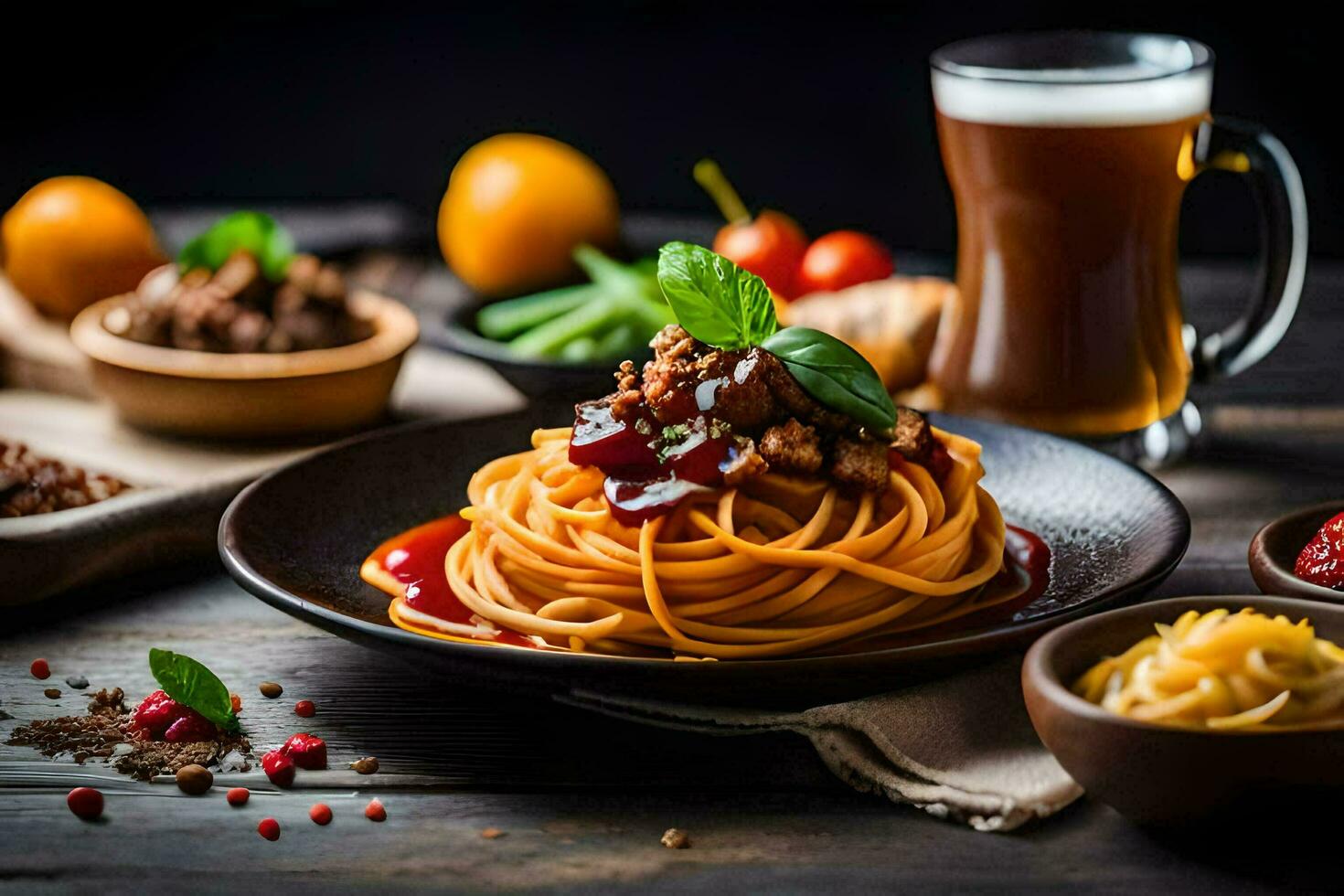 spaghetti with meat and sauce on a plate. AI-Generated photo