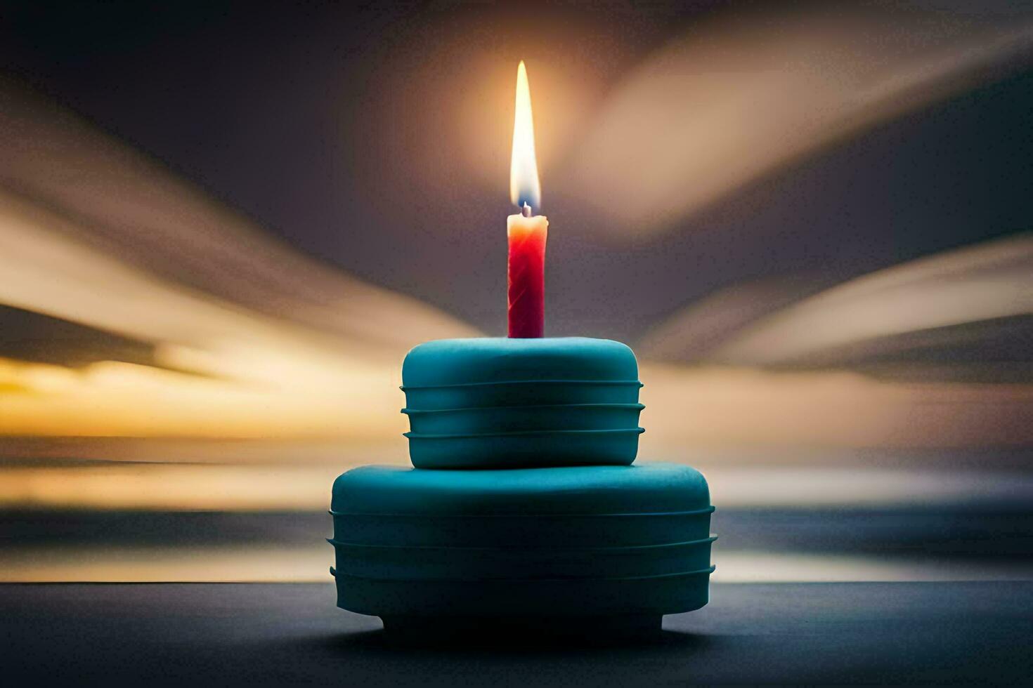 a blue cake with a lit candle on top. AI-Generated photo