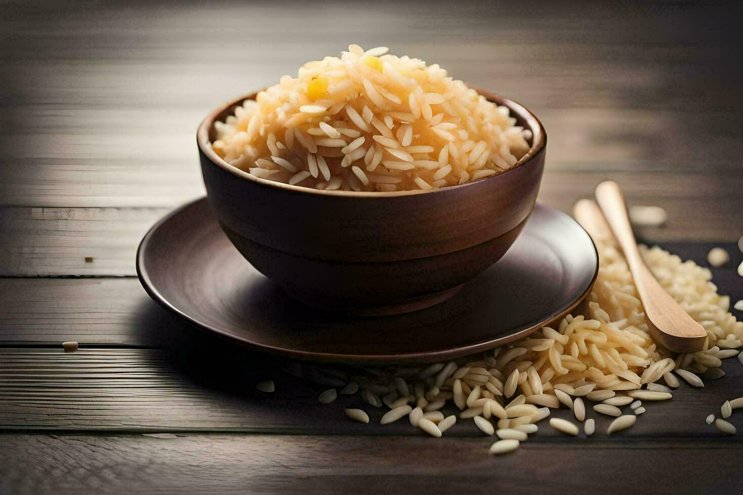 brown rice in a bowl on a wooden table. AI-Generated photo