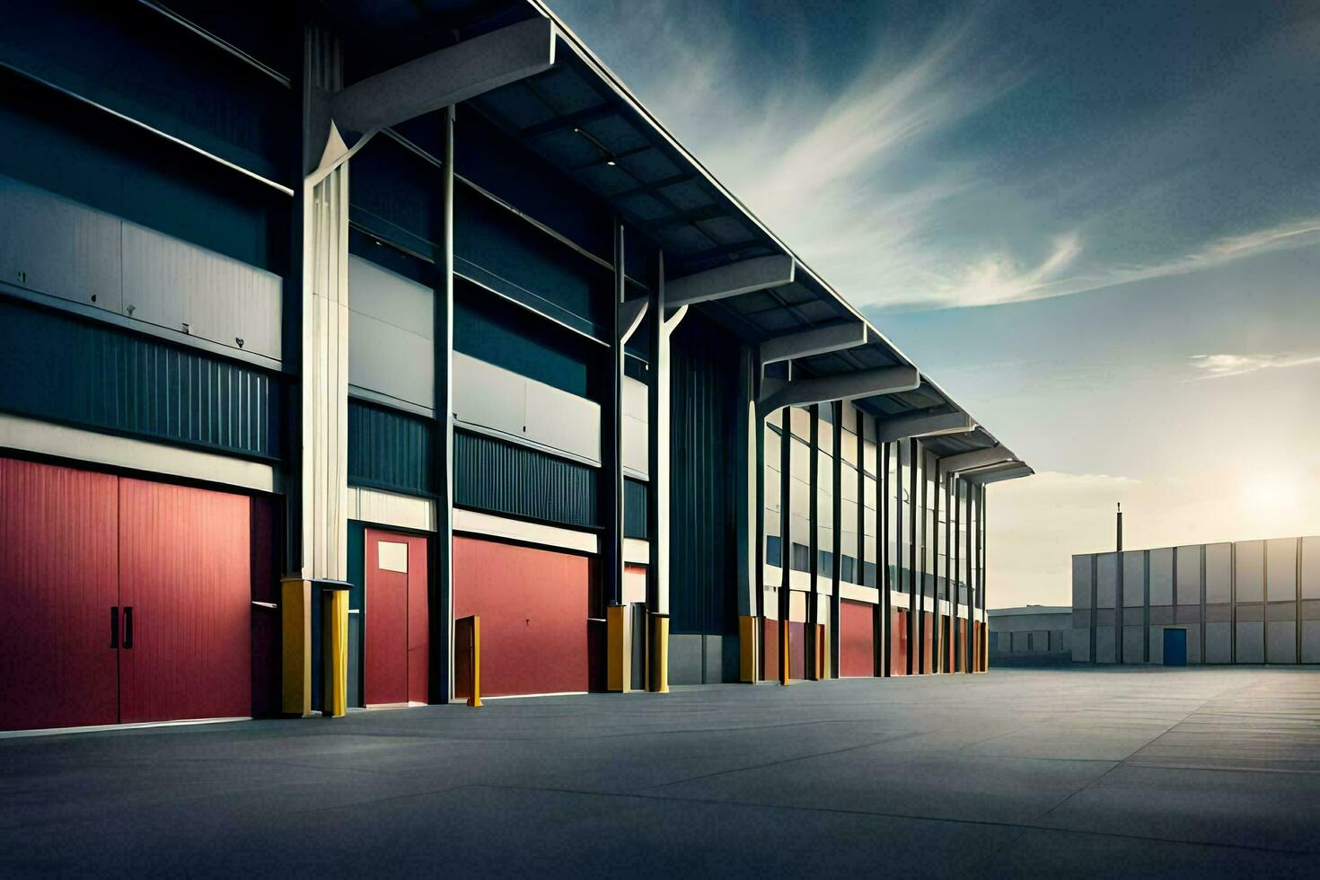 a large warehouse with red doors and a sky background. AI-Generated photo