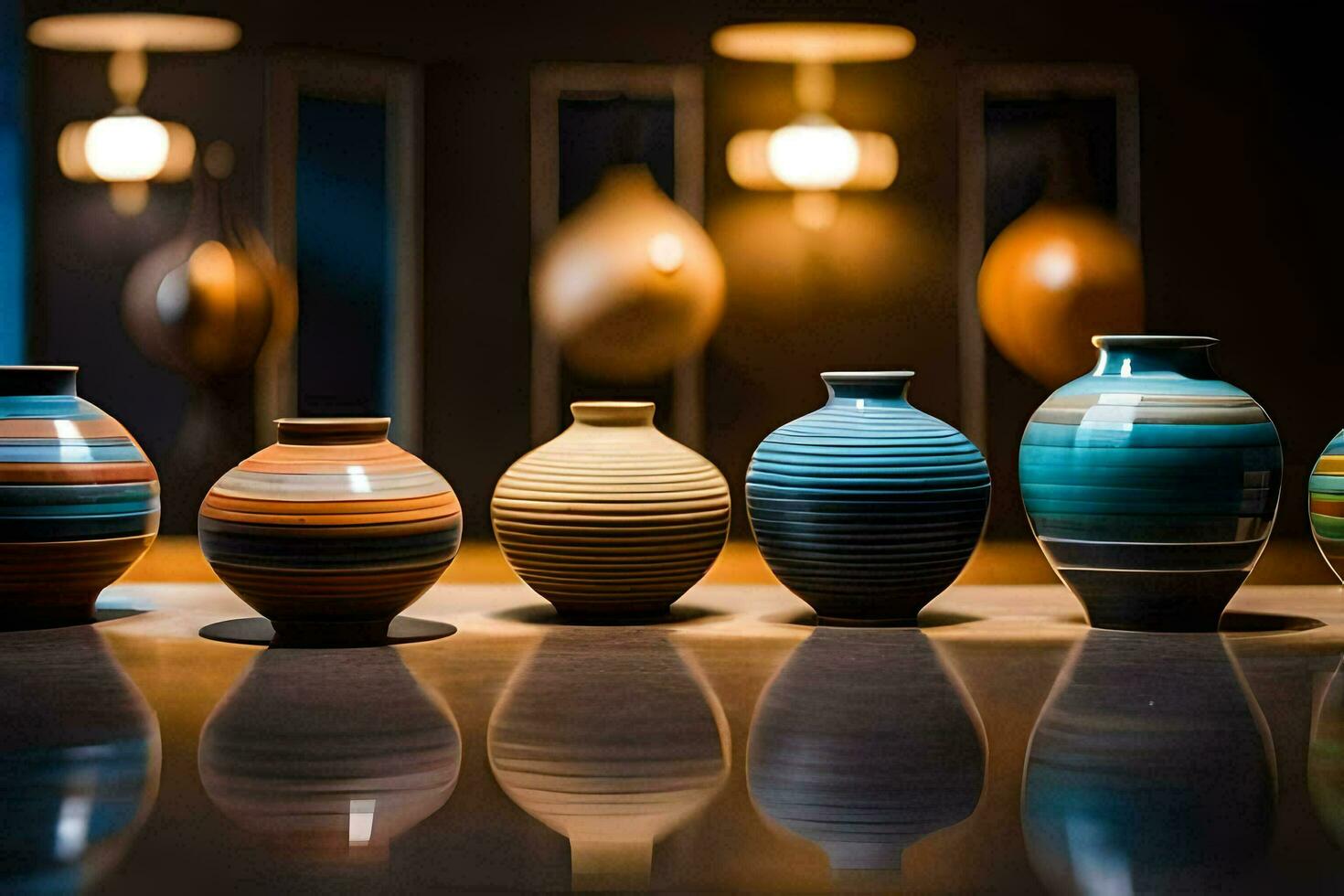 a row of vases lined up on a table. AI-Generated photo