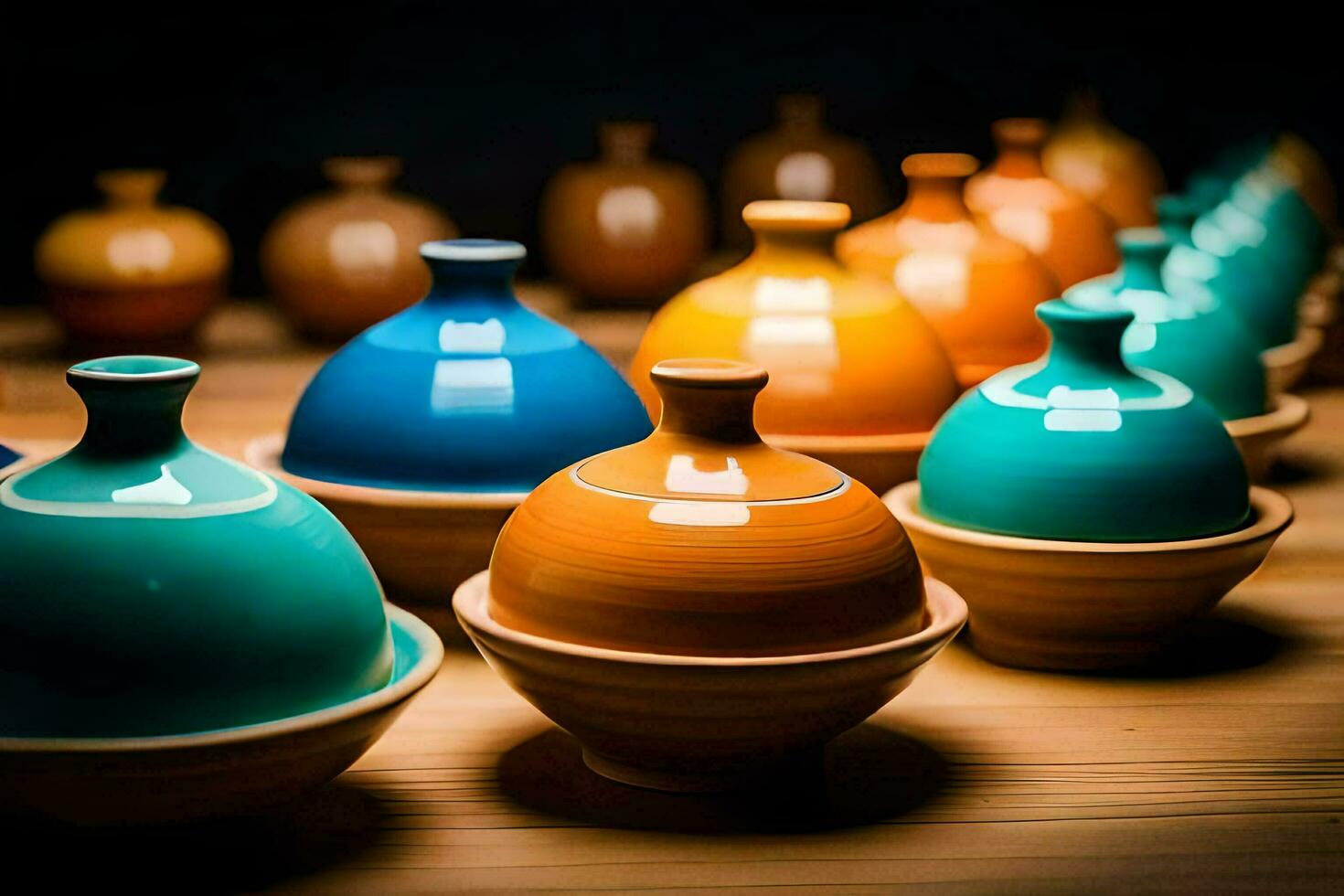 colorful ceramic vases on a wooden table. AI-Generated photo