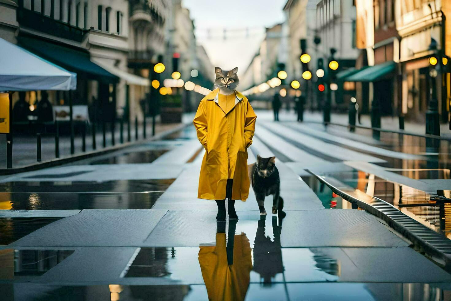 a woman in a yellow raincoat and dog walking on a wet street. AI-Generated photo