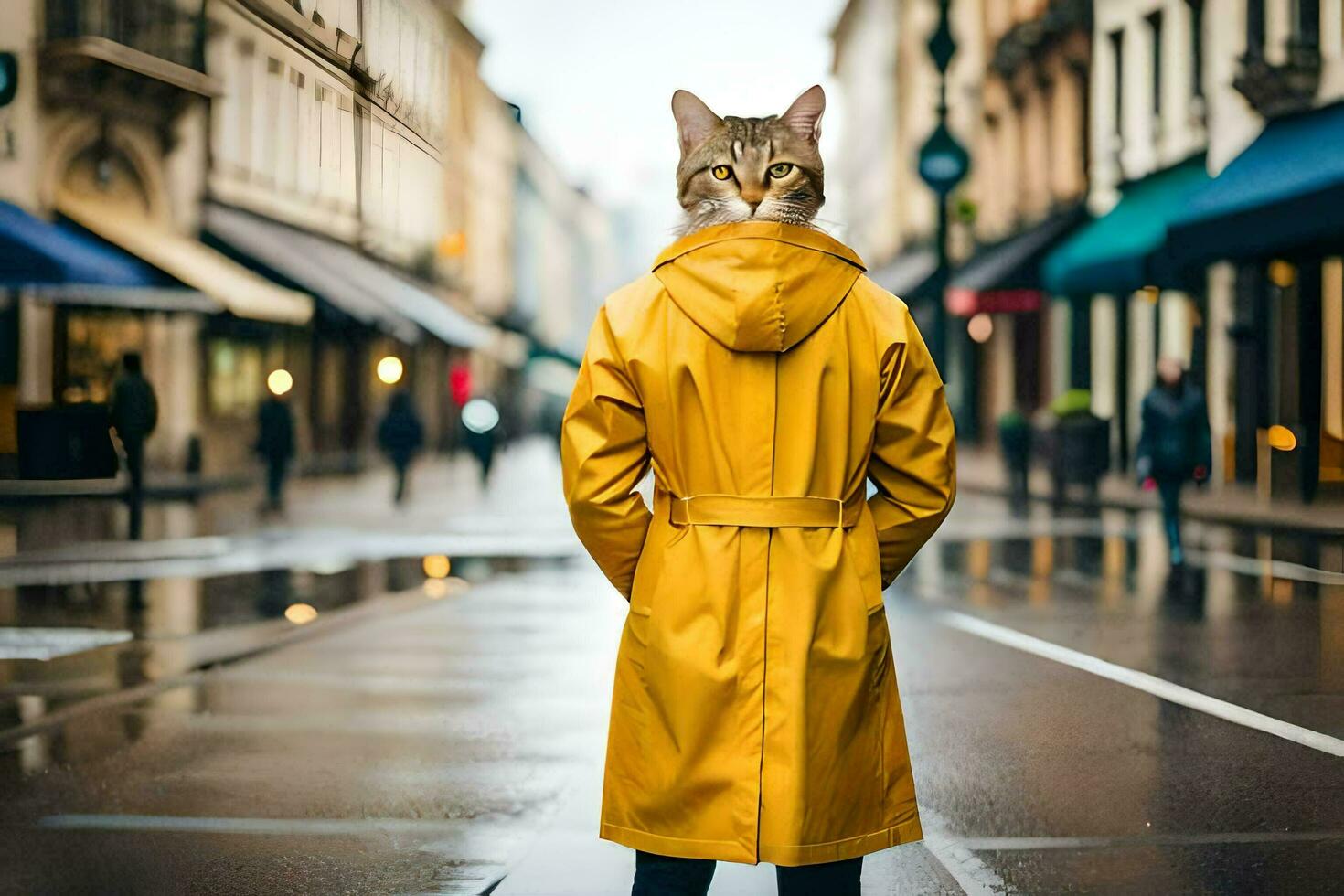 a cat wearing a yellow raincoat standing on a street. AI-Generated photo