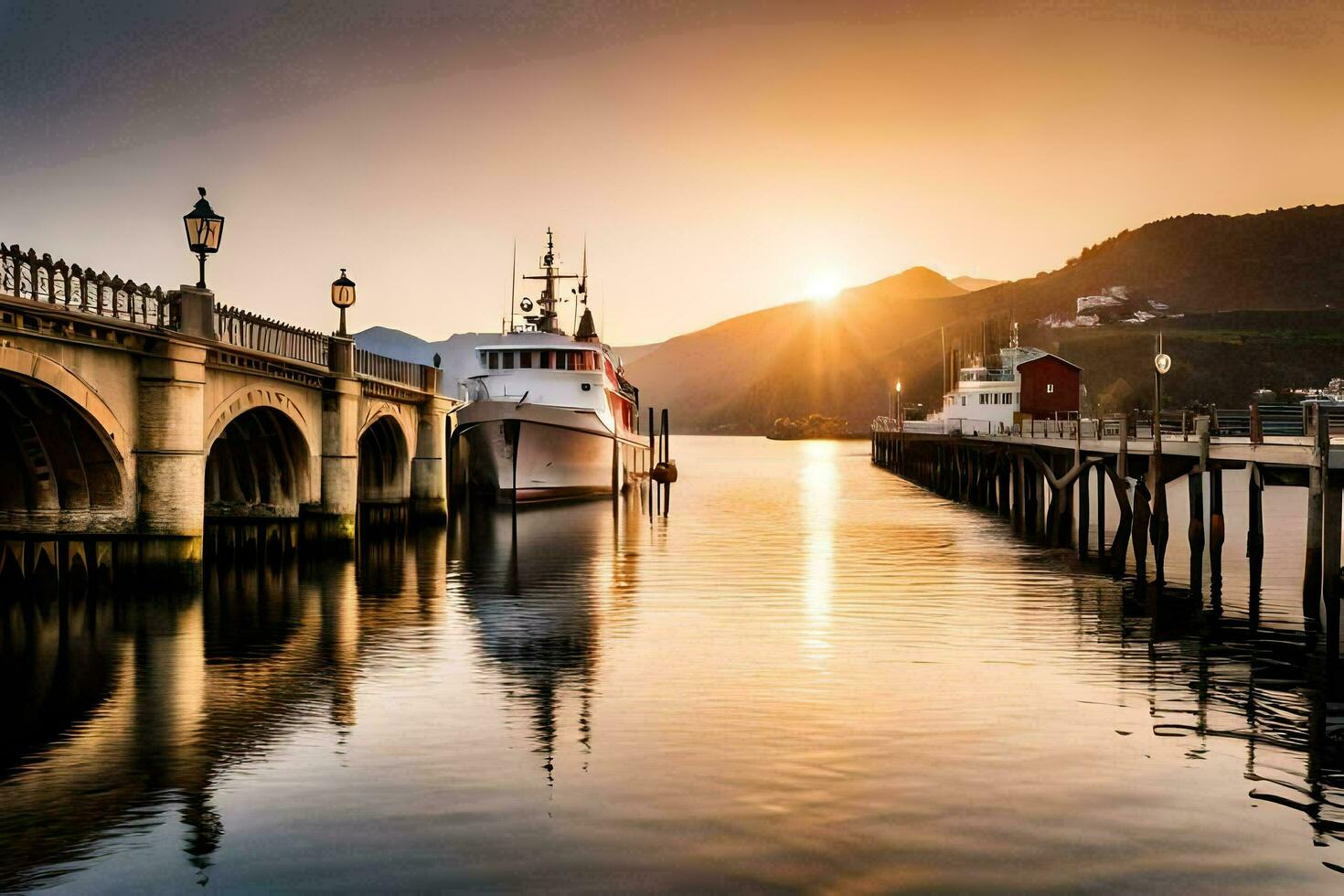 a boat is docked at a pier in the water. AI-Generated photo
