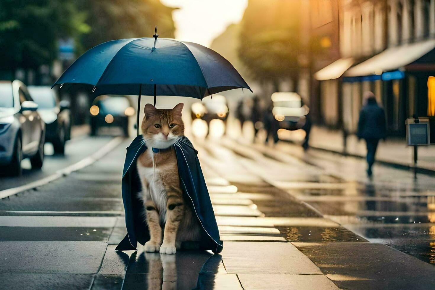 a cat in a coat and umbrella standing on a street. AI-Generated photo