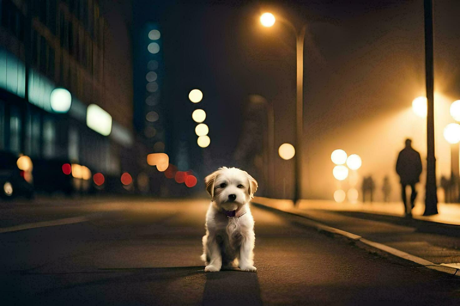 a dog standing in the middle of a city street at night. AI-Generated photo