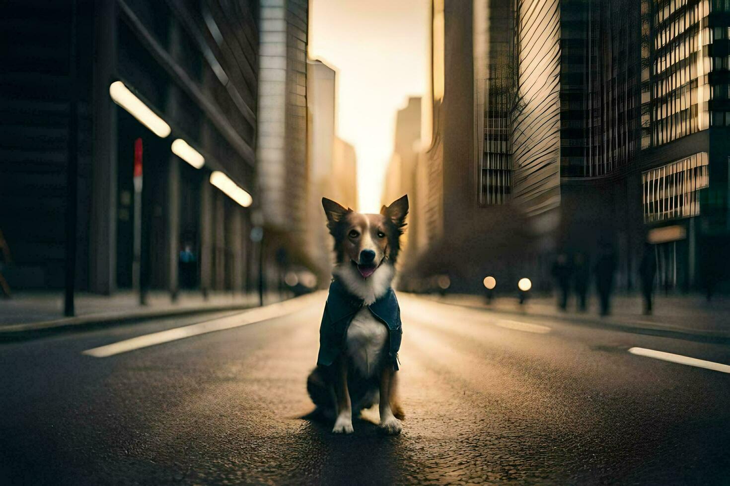a dog sitting on the street in a city. AI-Generated photo