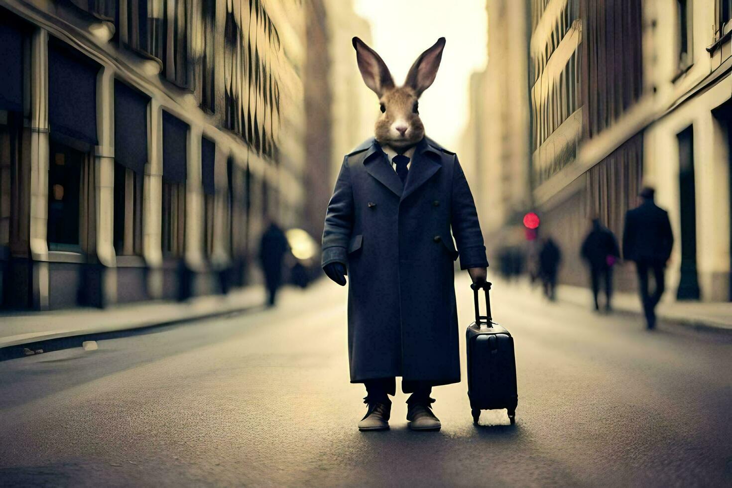 a rabbit wearing a suit and tie is walking down the street. AI-Generated photo
