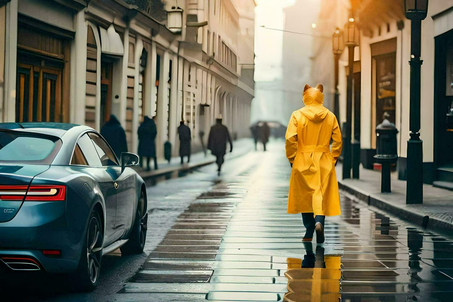 a woman in a yellow raincoat walks down a street with a blue car. AI-Generated photo