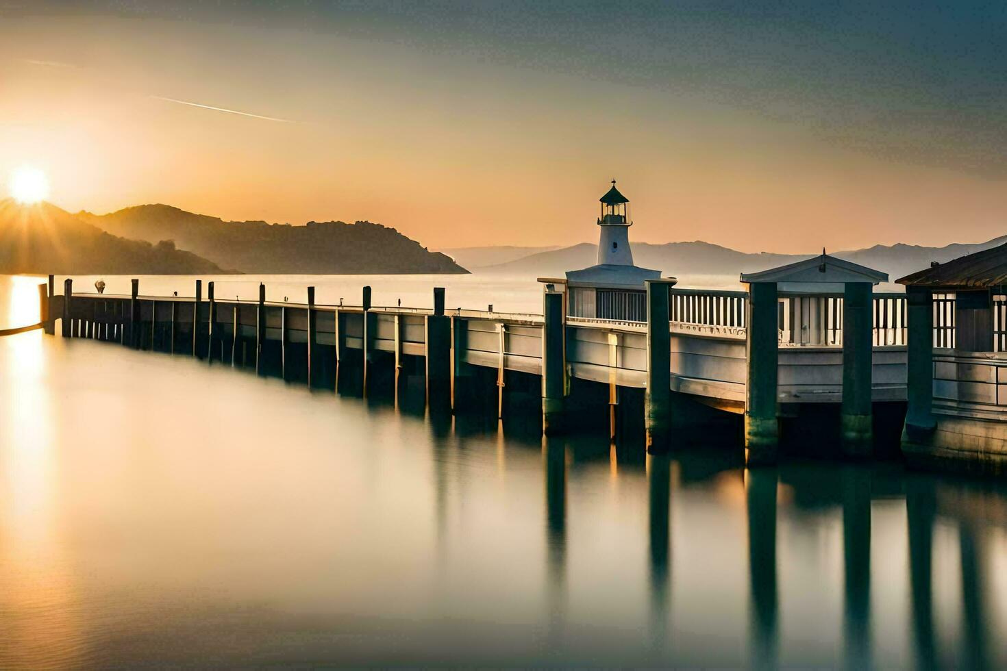 a pier at sunset with a lighthouse in the background. AI-Generated photo