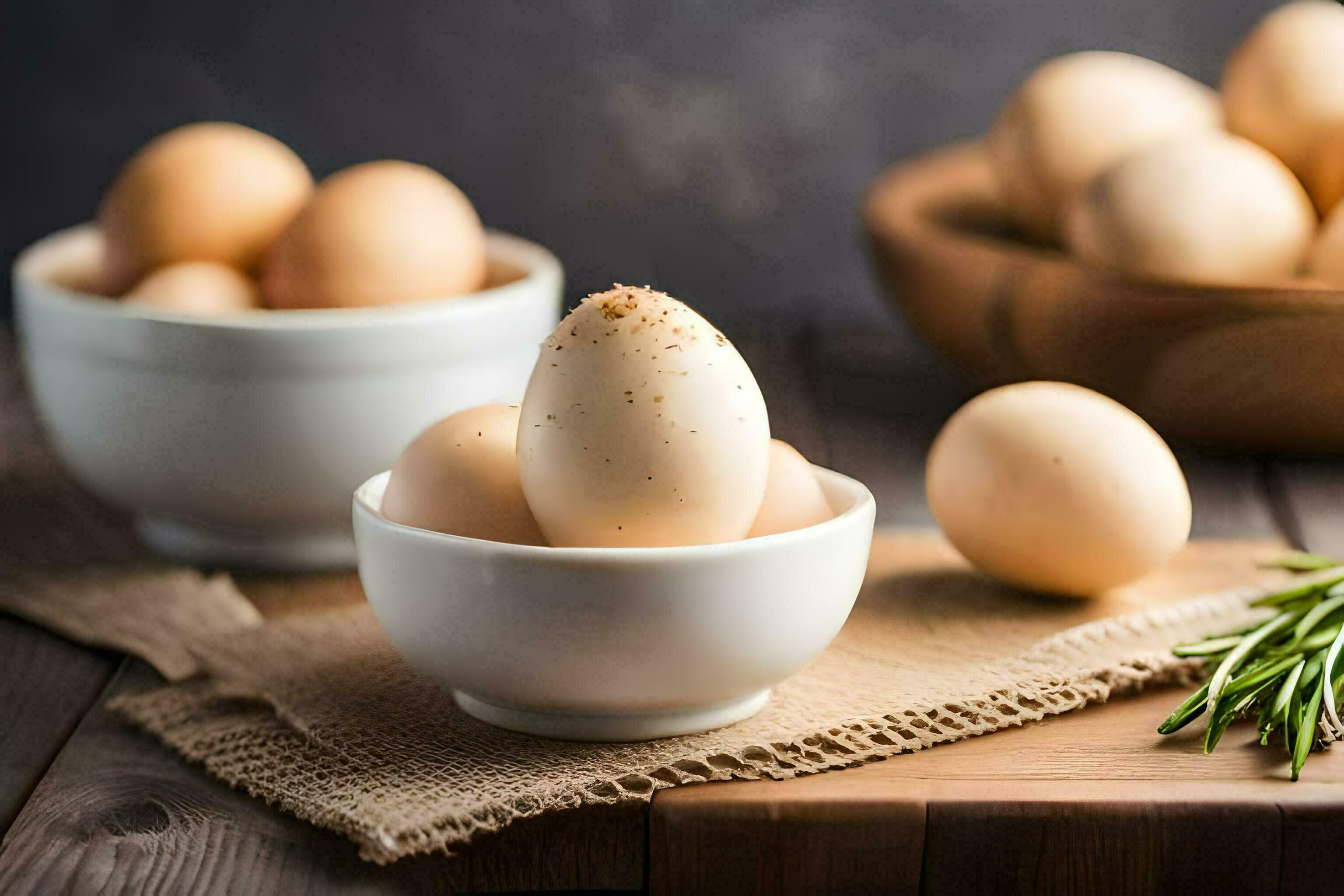 a bowl of eggs and a sprig of rosemary. AIGenerated 30181790 Stock