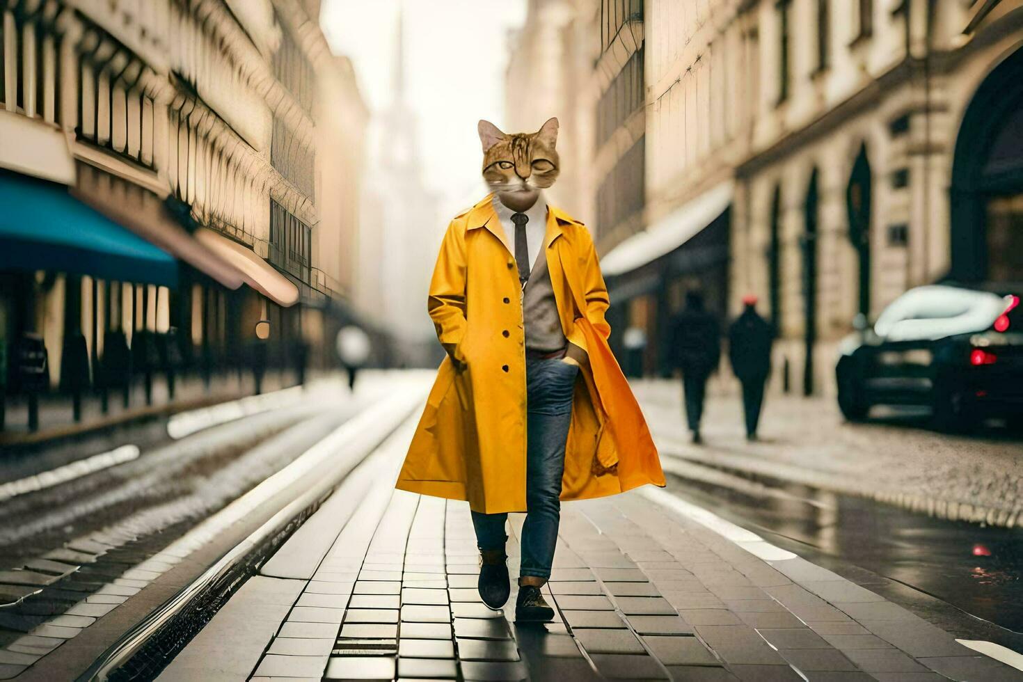 a cat wearing a yellow coat and walking down a street. AI-Generated photo