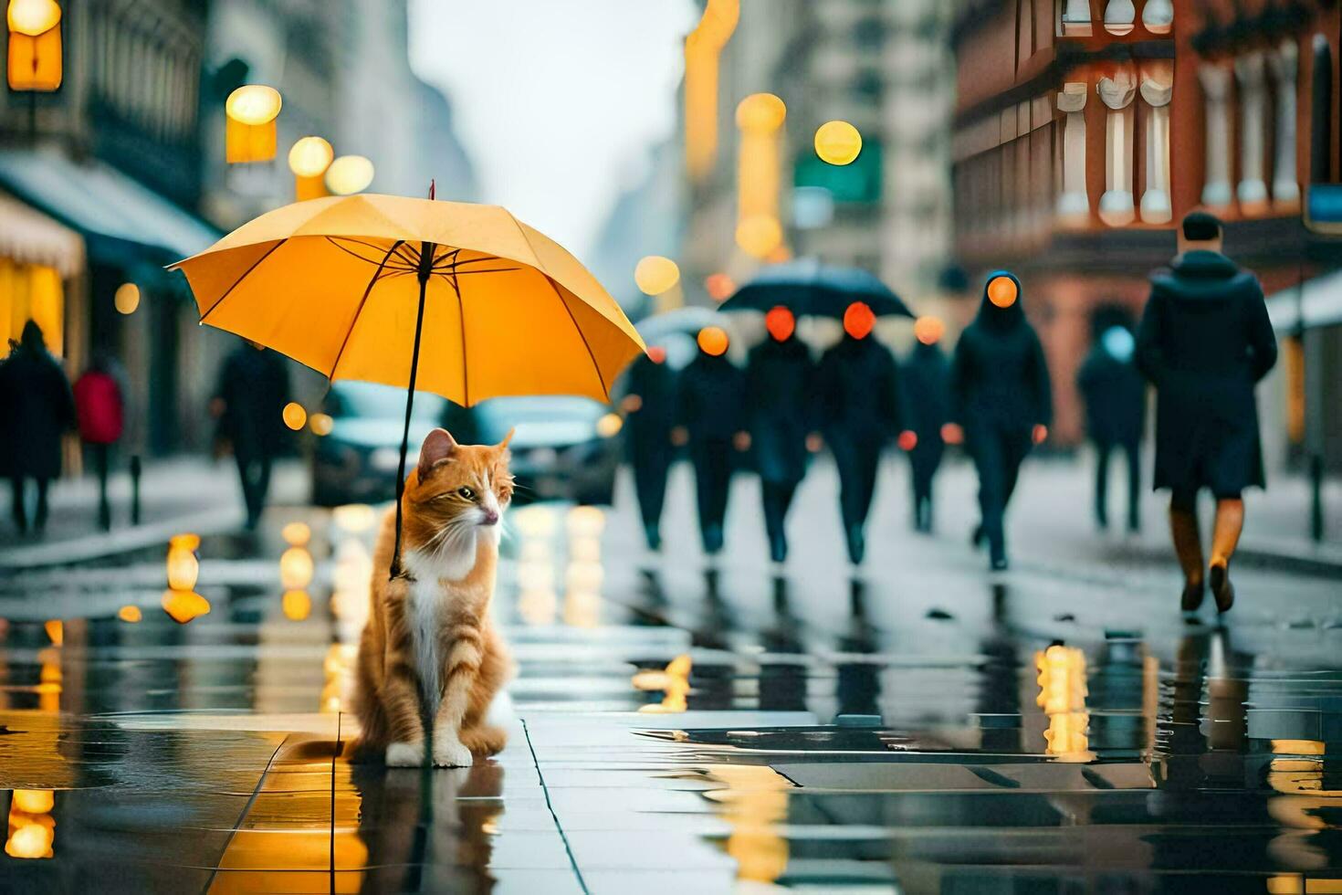 a cat walking in the rain with an umbrella. AI-Generated photo