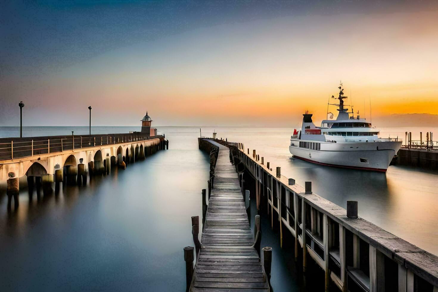 a boat docked at the pier at sunset. AI-Generated photo