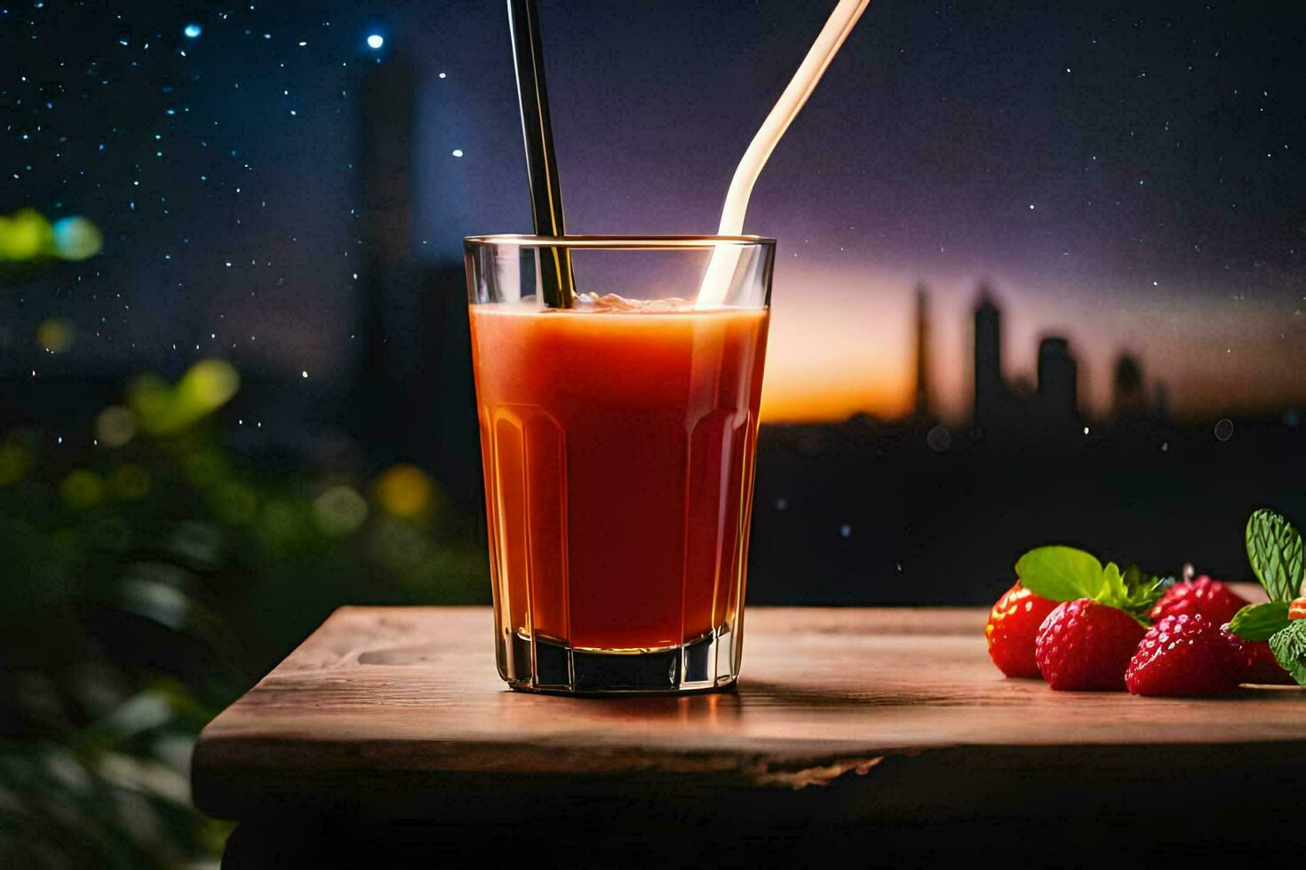 a glass of juice with strawberries and raspberries on a wooden table. AI-Generated photo