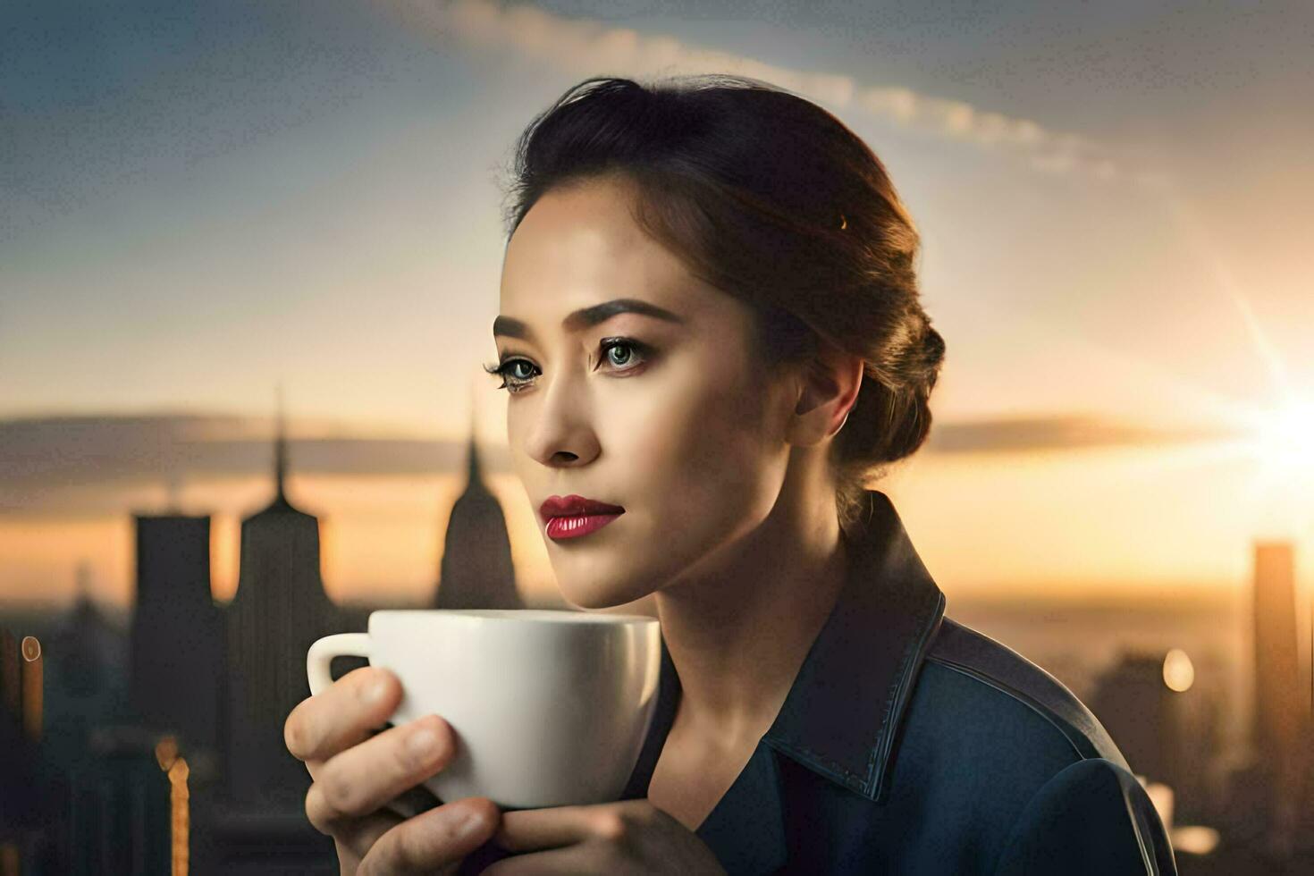 a woman holding a coffee cup in front of a cityscape. AI-Generated photo