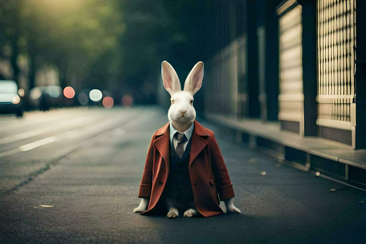 a rabbit wearing a suit and tie sits on the street. AI-Generated photo