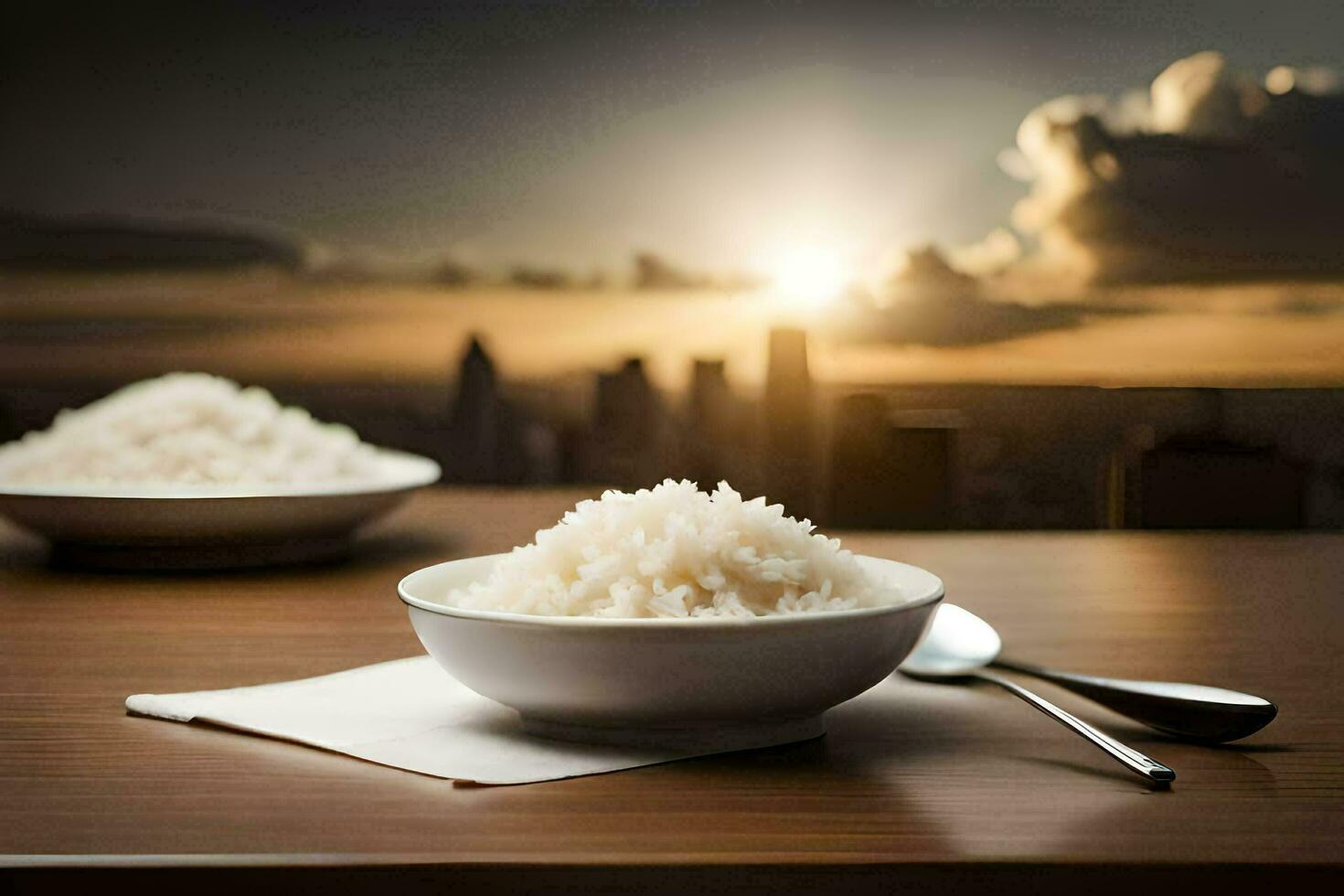 the rice is served in a bowl with a spoon and a fork. AI-Generated photo