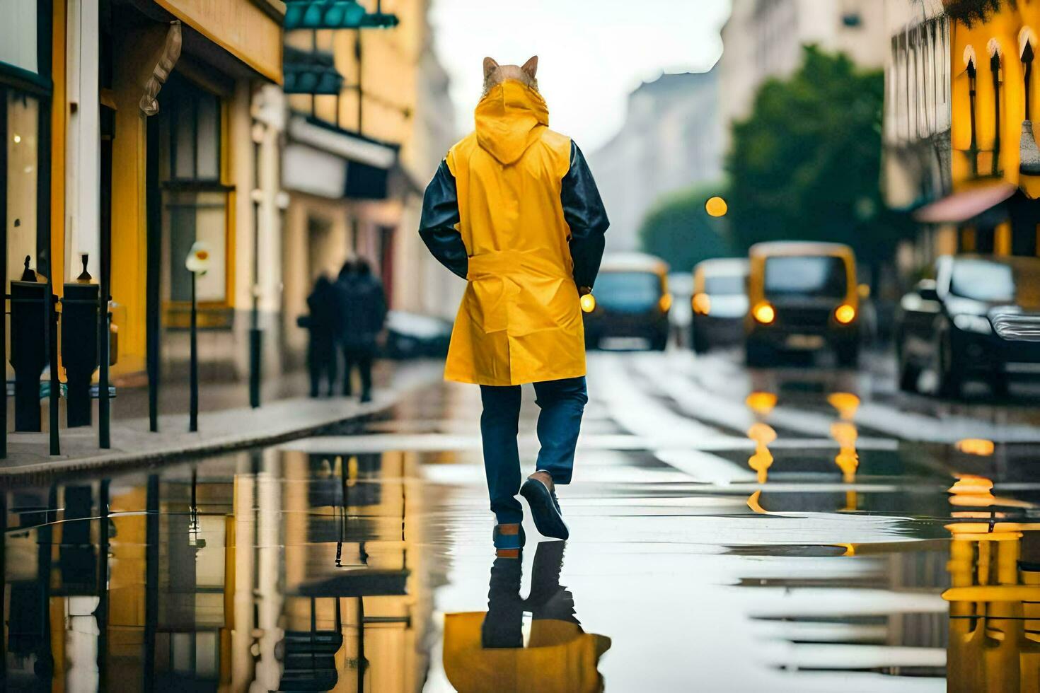 a person walking in the rain wearing a yellow raincoat. AI-Generated photo