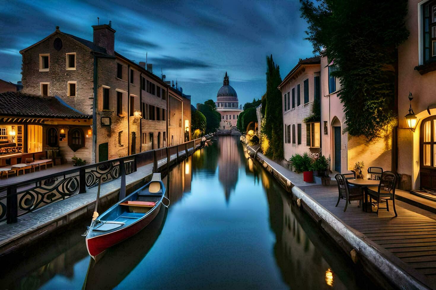 a boat is docked in a narrow canal at night. AI-Generated photo