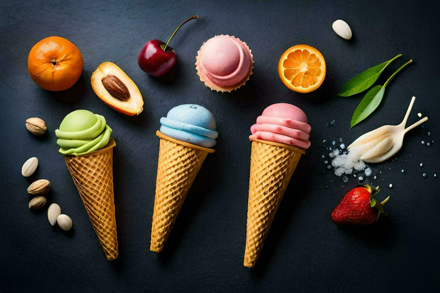 various ice cream cones with different flavors on a black background. AI-Generated photo