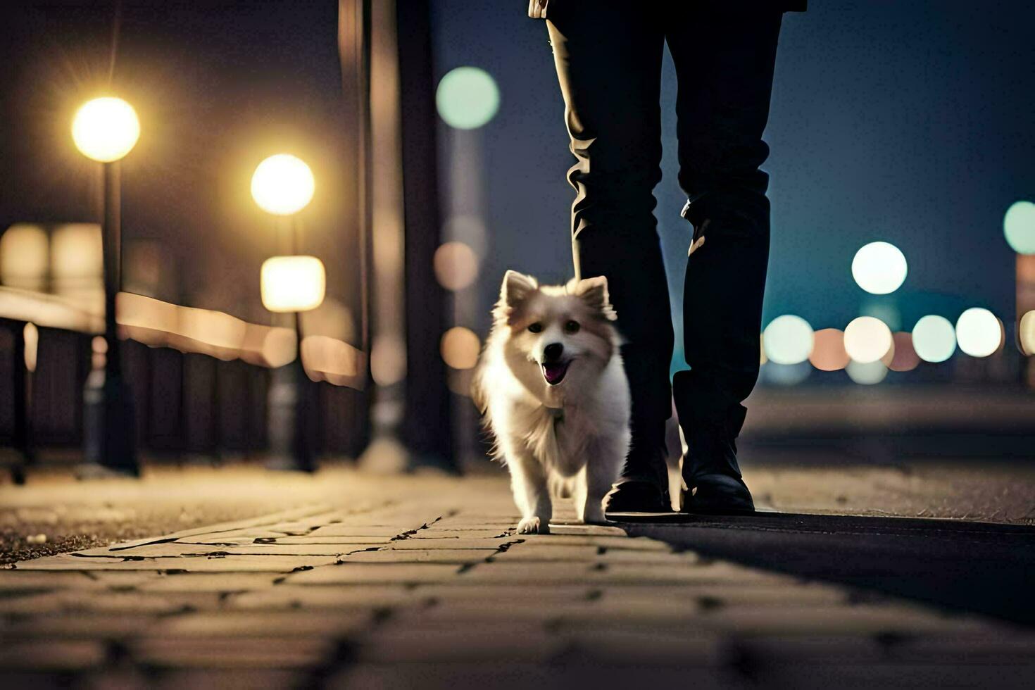 a person walking a dog at night. AI-Generated photo