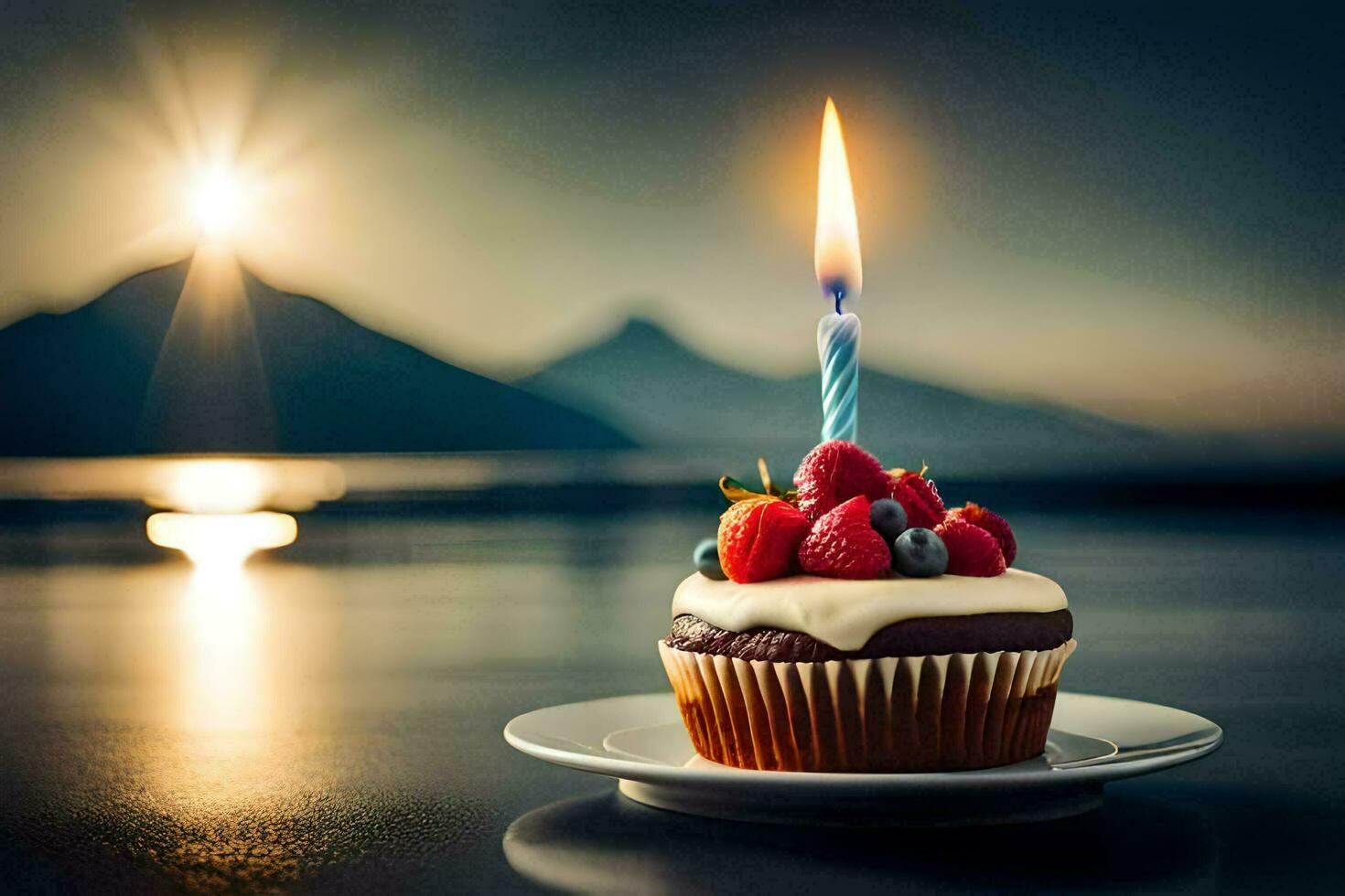 a cupcake with berries and a lit candle on a plate. AI-Generated photo