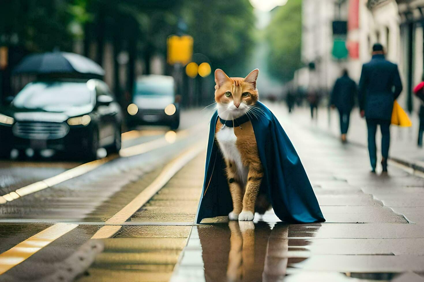 a cat dressed as a superhero standing on a wet street. AI-Generated photo