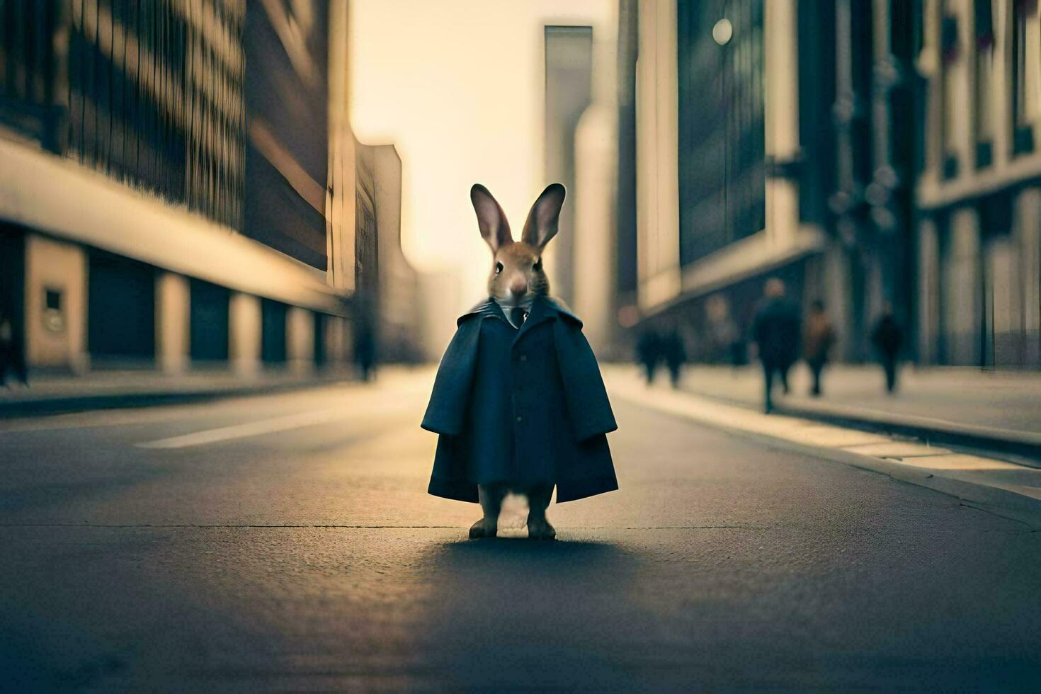 a rabbit wearing a coat and tie standing in the middle of a city street. AI-Generated photo
