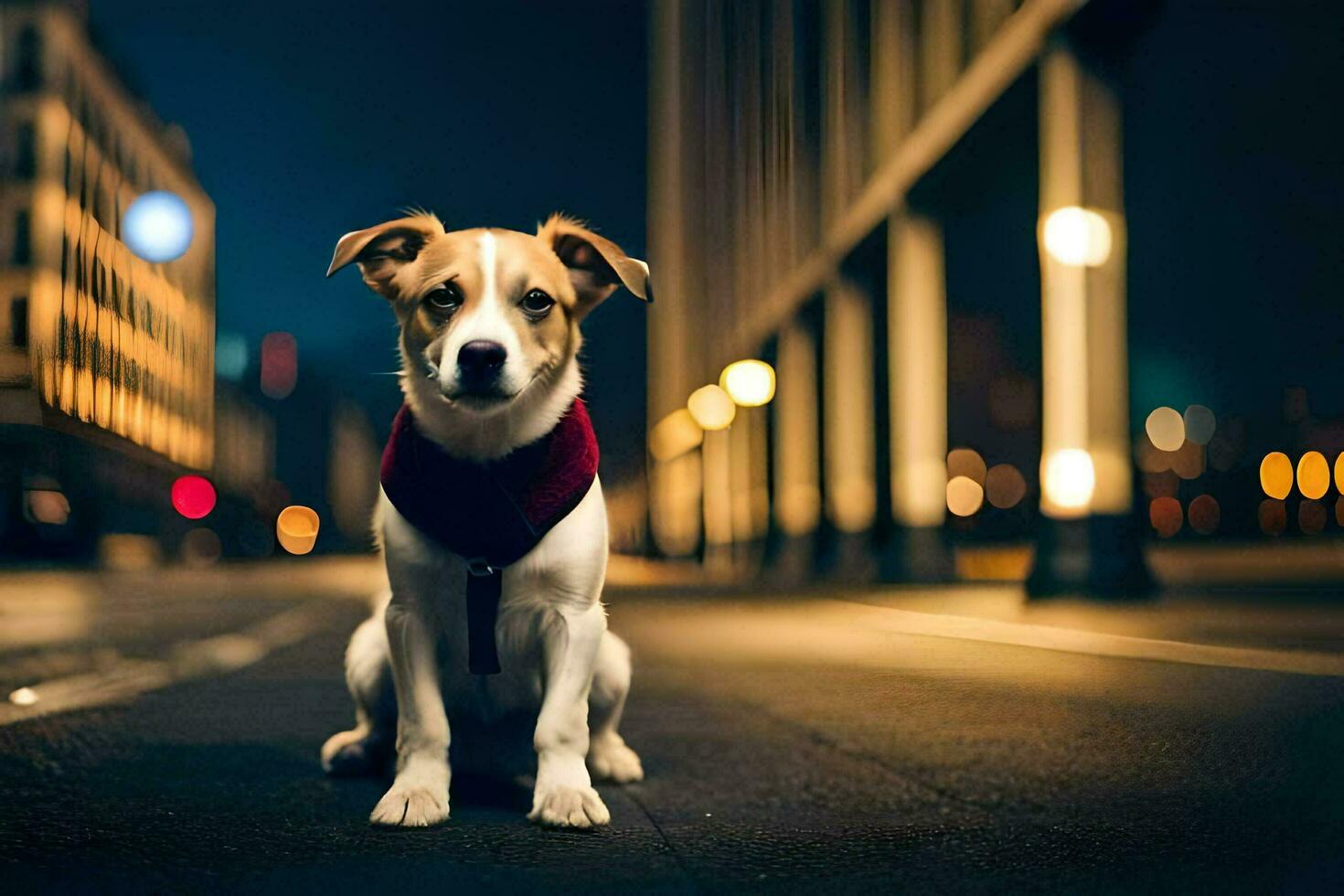 a dog sitting on the street at night. AI-Generated photo
