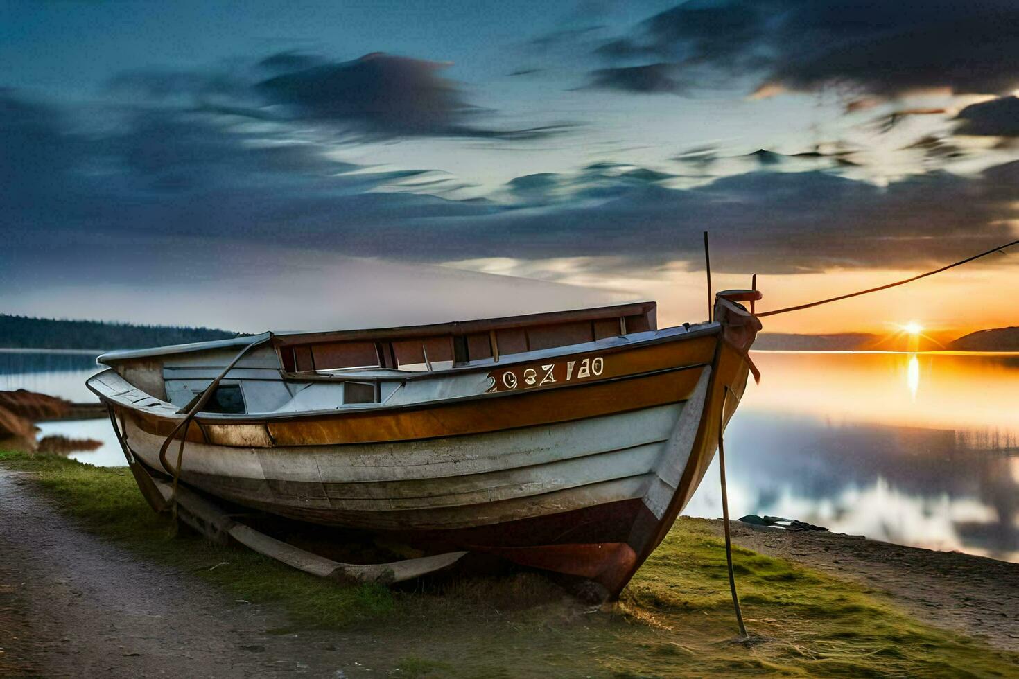 a boat sits on the shore at sunset. AI-Generated photo