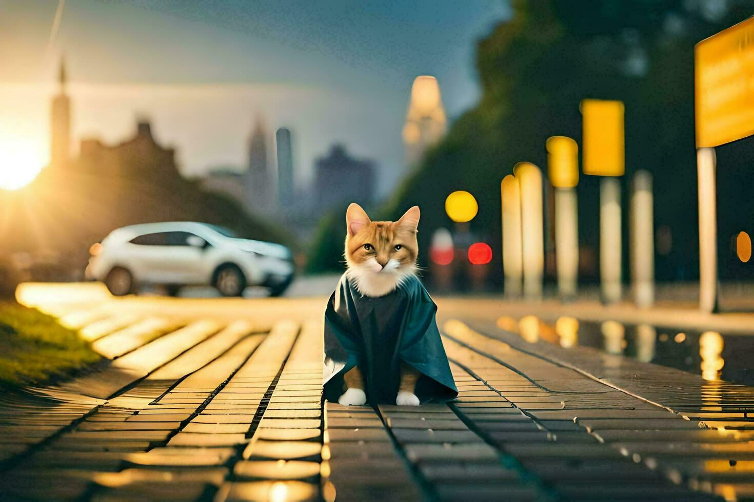 a cat in a cape standing on a street. AI-Generated photo