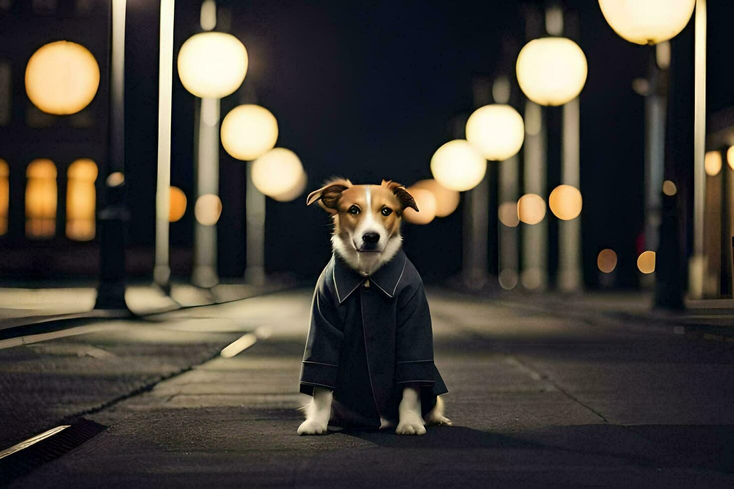 a dog in a coat sitting on the street at night. AI-Generated photo