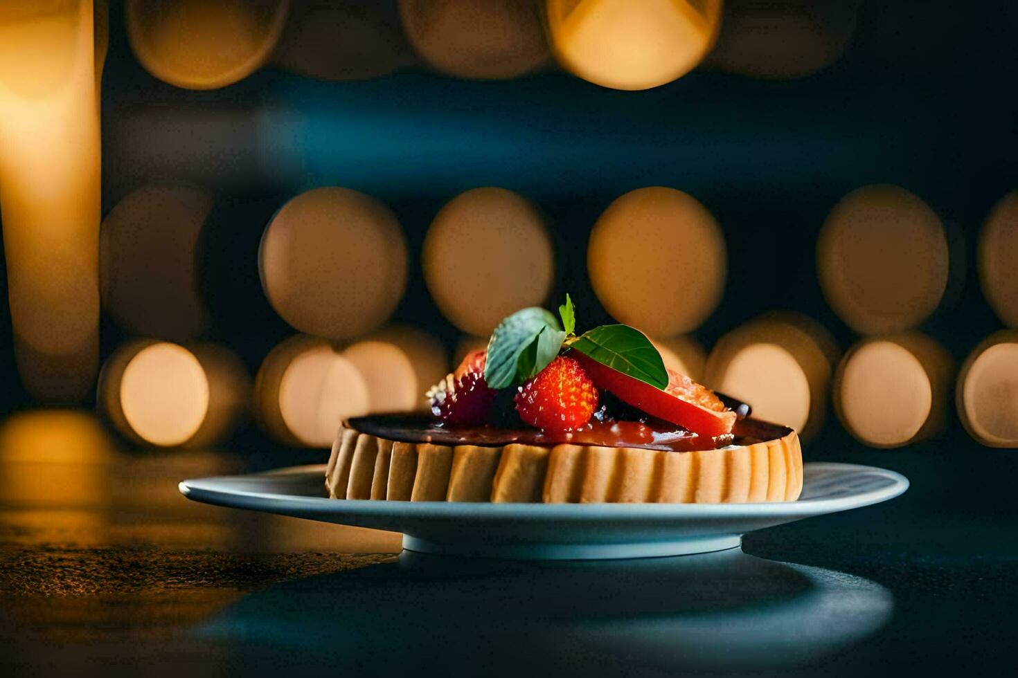 a dessert on a plate with a strawberry on top. AI-Generated photo