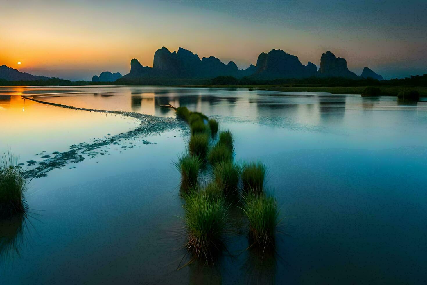 the sun sets over a river and mountains. AI-Generated photo