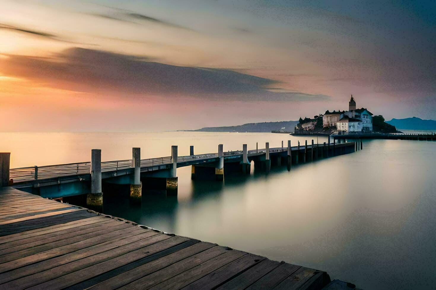 a pier with a church in the background at sunset. AI-Generated photo