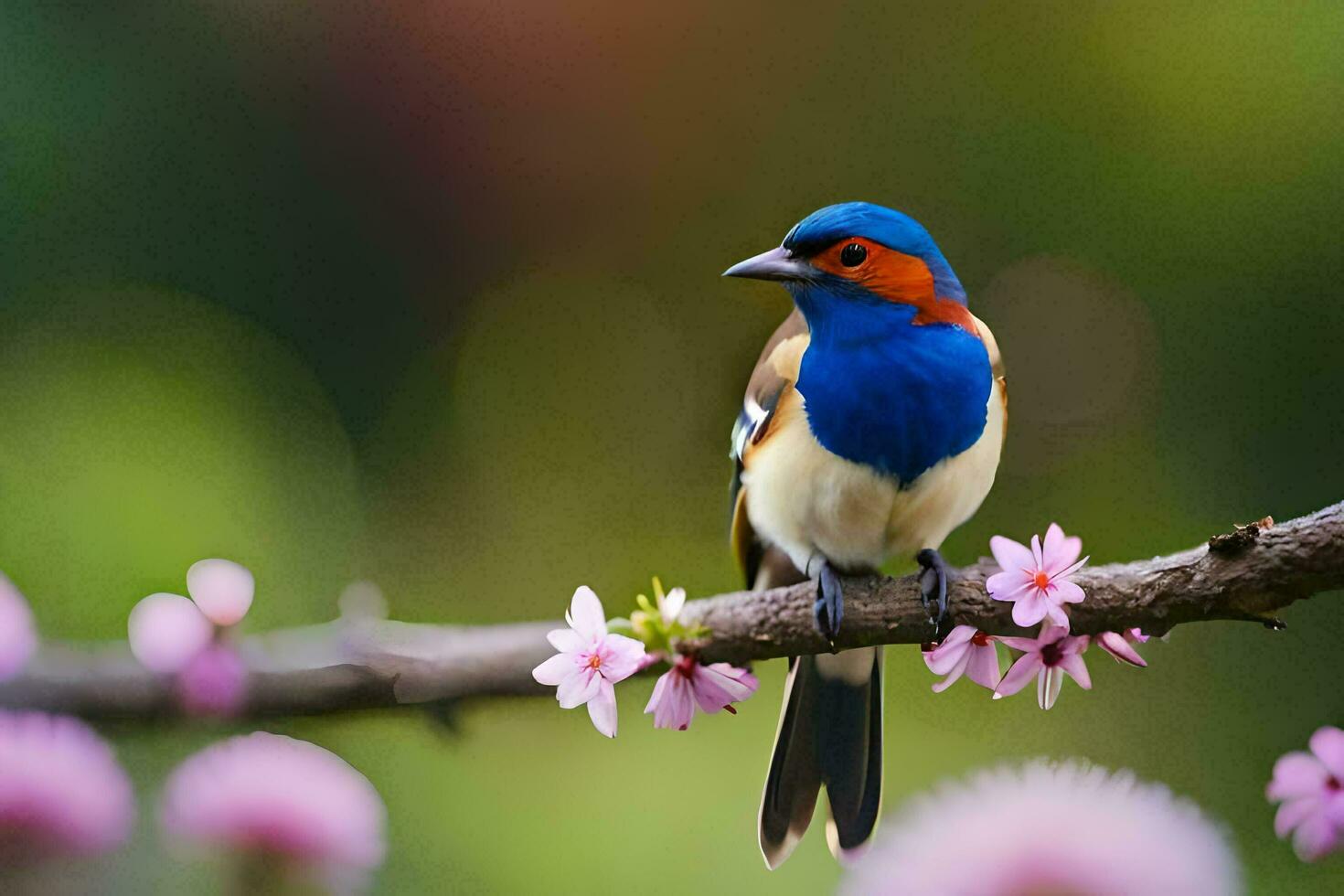 a colorful bird sits on a branch with pink flowers. AI-Generated photo