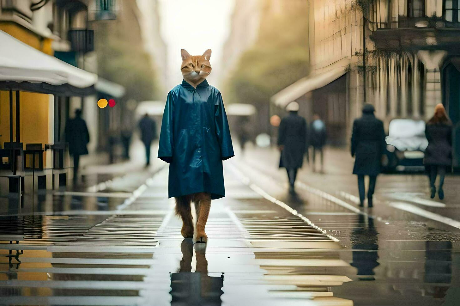 un gato vistiendo un impermeable caminando abajo un calle. generado por ai foto