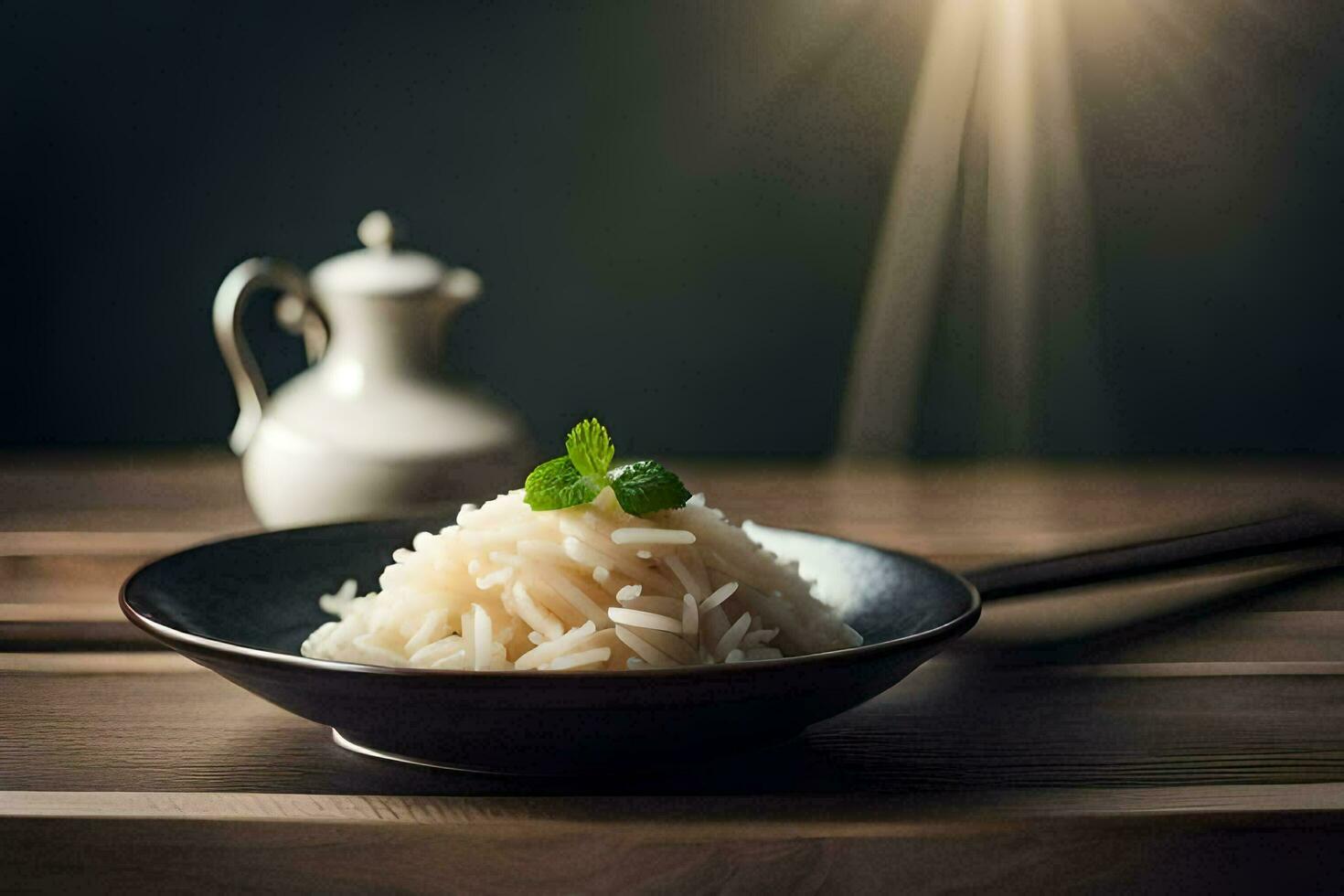 a bowl of rice with a leaf on top. AI-Generated photo