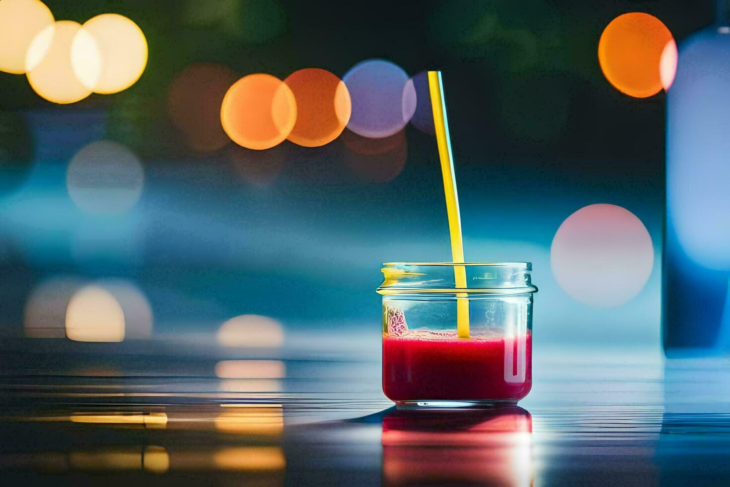 a glass of red juice with a yellow straw sitting on a table. AI-Generated photo