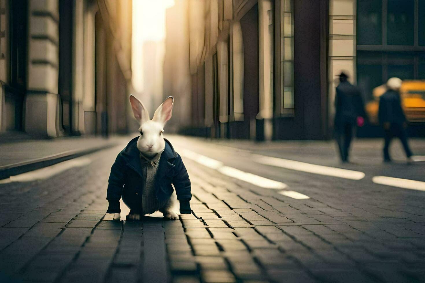 a rabbit in a suit standing on the street. AI-Generated photo