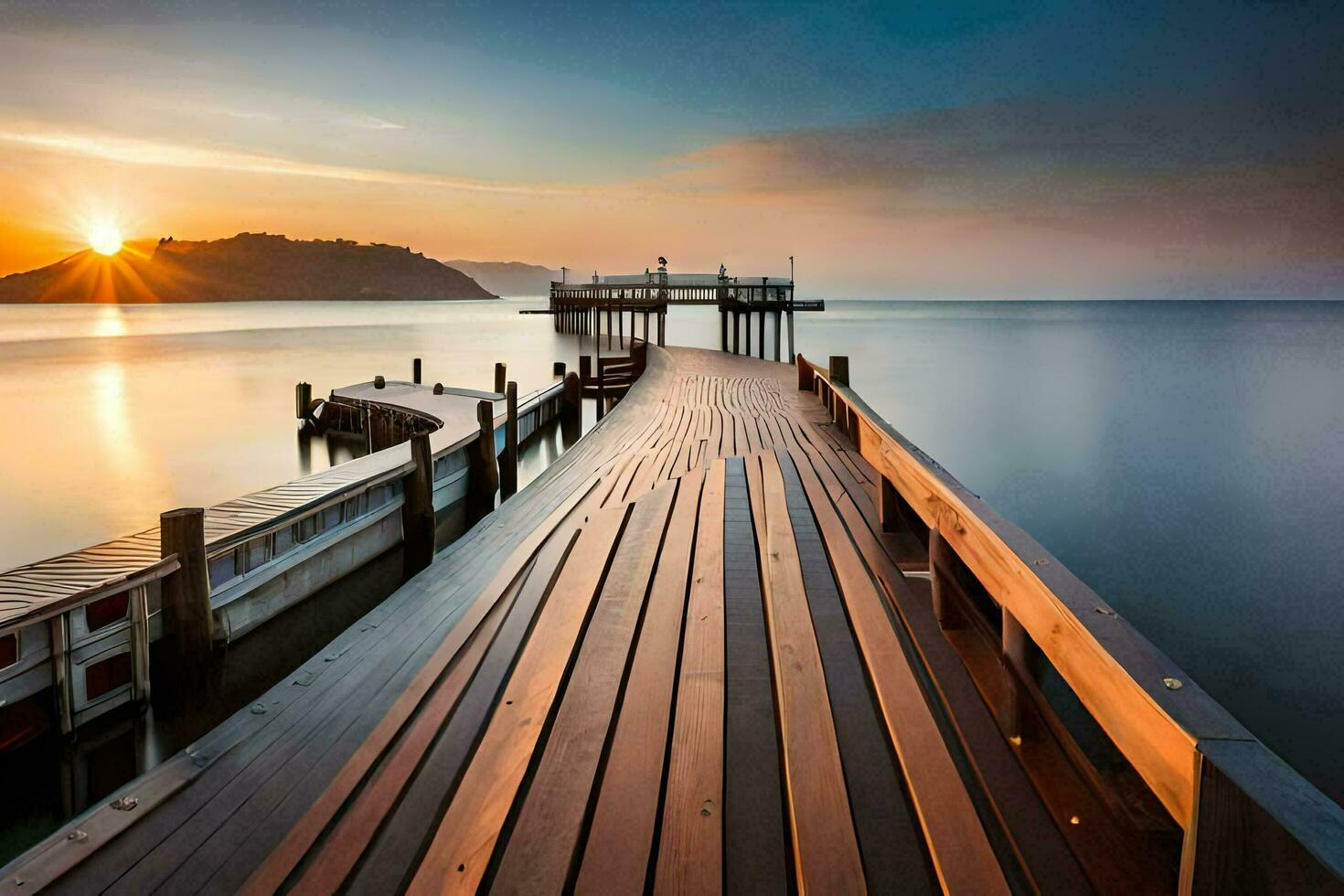 a wooden dock extends into the ocean at sunset. AI-Generated photo