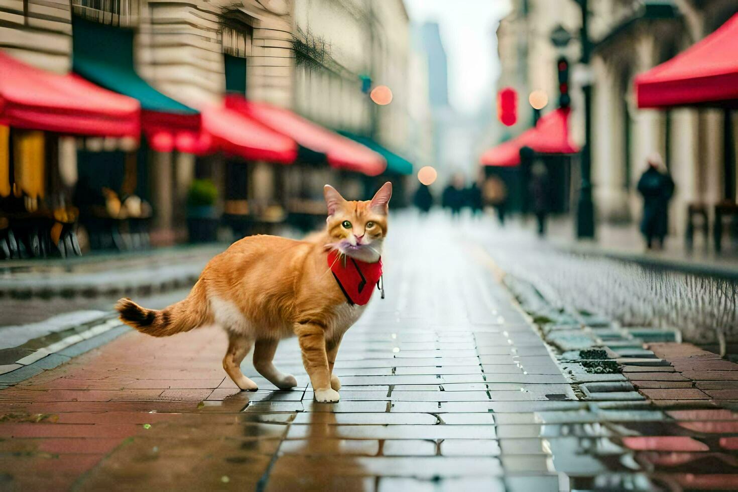 un gato vistiendo un rojo pañuelo caminando abajo un calle. generado por ai foto