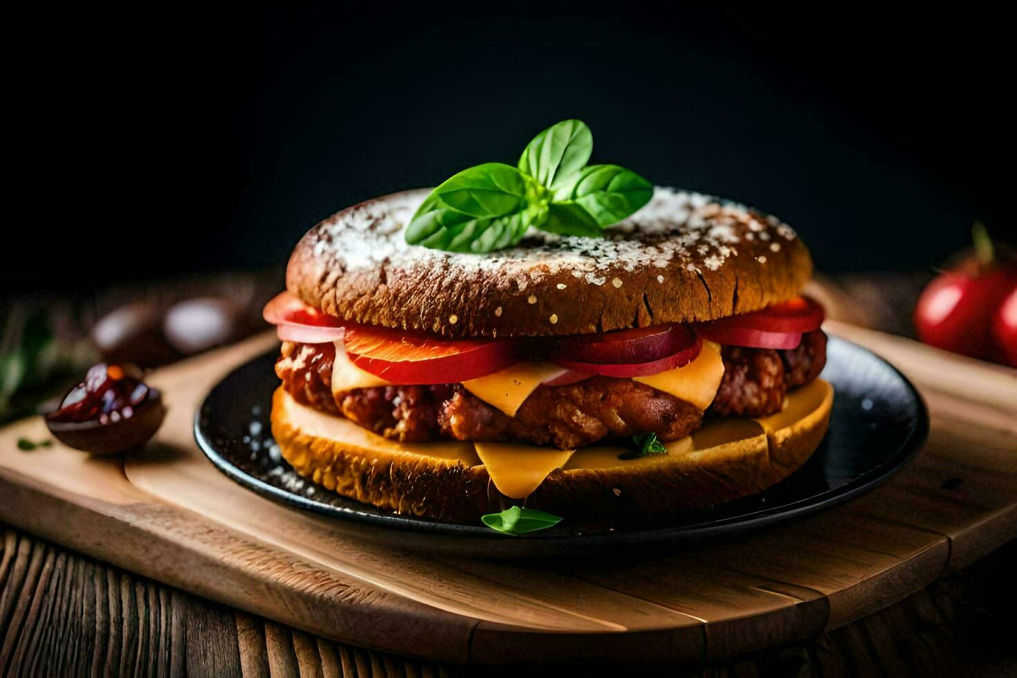 a hamburger with cheese and tomatoes on a plate. AI-Generated photo