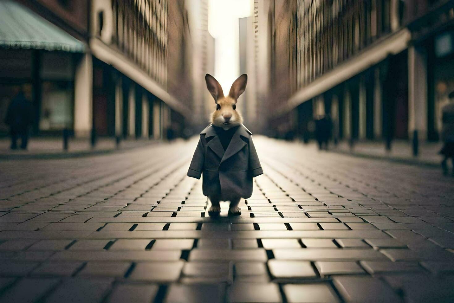 a rabbit wearing a coat and tie standing on a street. AI-Generated photo