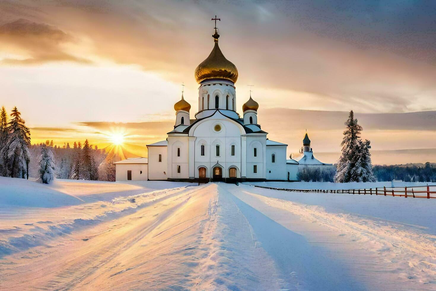 a church in the snow with a sun setting behind it. AI-Generated photo